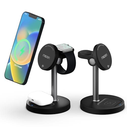 Mozen by Amkette Air 800, 23W Qi2 Certified 3 in 1 Magsafe Charger/Wireless Charger for iPhone 8 & above, wireless charging smartphones, Apple Watch, AirPods/Galaxy Buds, 45° Tilt, Type-C Cable, Black