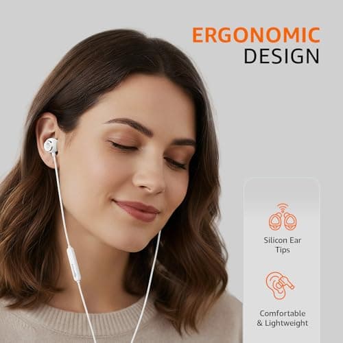 Amazon Basics Wired Earphones with 3.5mm Jack/Aux | in Ear Wired Earphones | Deep Bass, Tangle-Free Cable, Comfortable Fit | White 4