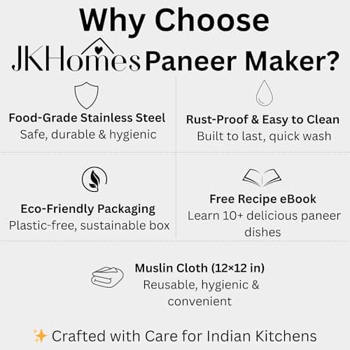 JKHomes Paneer Maker Steel | Stainless Steel Paneer Maker Mould Press with Muslin Cloth | Paneer Press for Homemade Paneer & Tofu | Rust Resistant, Easy to Clean (700ml) 5