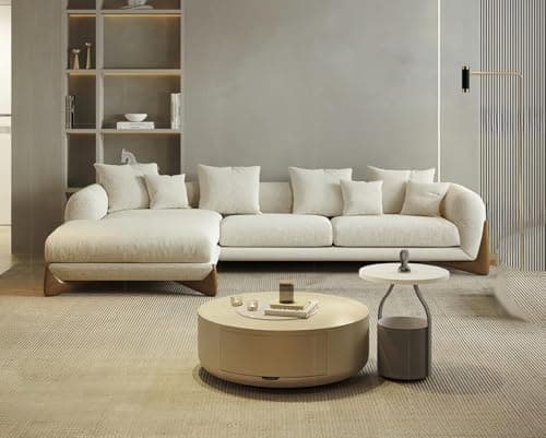 Artistic Wood Modern Sofa Chesterfield Design with Stylish Wooden Legs Bouncy Teddy Fabric Off-White Finish Sofa for Living Room, Bedroom, Hallways (4 Seater, Sectional RHS)
