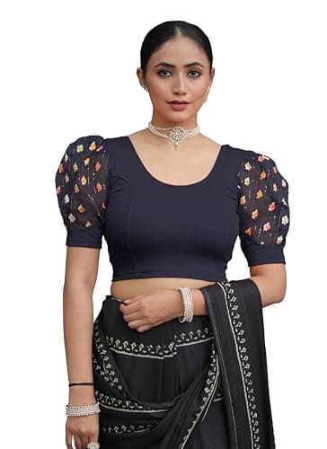 Amazon Brand - Anarva Round Neck Lycra Stretchable Puffed Elbow Sleeve Readymade Saree Blouse for Women Stylish (roli-Oxford-Blue-Blouse-m)