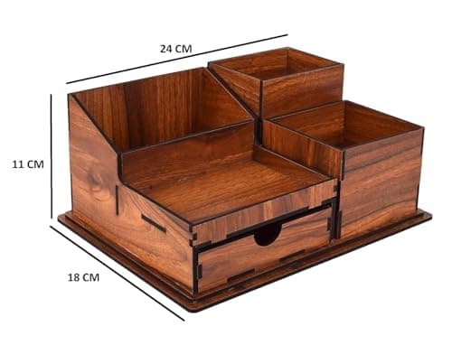 LULELA Wooden Office Desk Organiser and Accessories, Multi-Functional Stationary Supplies Desktop Organizer Set, Small Wood Desk Organization, Easy Assembly Table Organiser (Brown, Big) 3