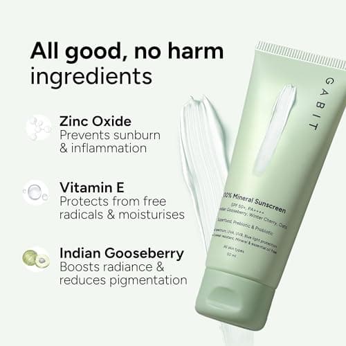 Gabit 100% Mineral Sunscreen SPF 50 PA++++ | Water & Sweat Resistant, UVA/B & Blue Light Protection | No White Cast | Vit E, Gooseberry, Winter Cherry | Normal, Oily, Dry Skin Types | Oil free | 50ml  3