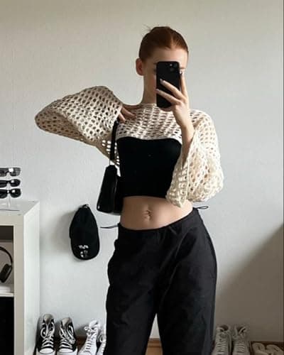CAMNOW Womens Crochet Crop Tops Y2k Knit Shrug Sweater Hollow Out Long Sleeve Bikini See Through Cover Ups, Beige, S 5