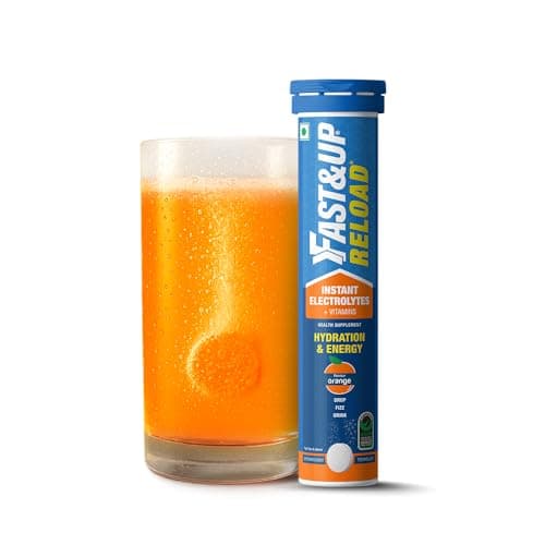Fast&Up Reload (5 Litres) Low Sugar energy drink for Instant Hydration - 20 Effervescent Tablets with all 5 Essential Electrolytes + Added Vitamins - Certified Electrolytes Drink - Orange flavour