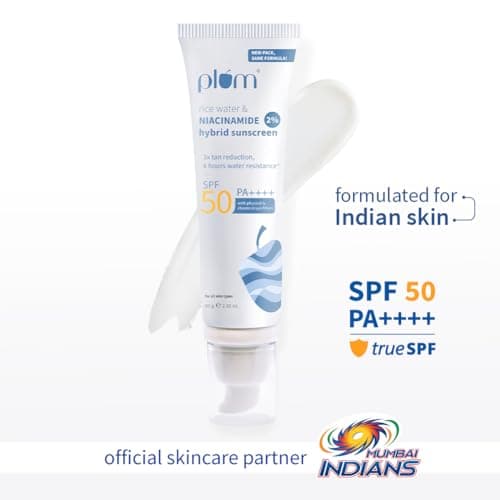Plum 2% Niacinamide Sunscreen SPF 50 PA+++ With Rice Water | 4 Hrs Water Resistance | 3x Tan Reduction & Brightens | No White Cast, Lightweight, Non-Sticky | Dermatologically Tested | Women & Men | 10 2