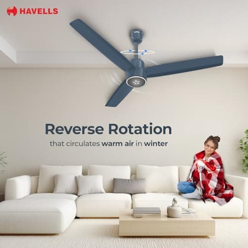 Havells EPIC SIGNIA BLDC Ceiling Fan 1200mm, 5 star, LED Speed Indicator, 380 RPM, Up to 65% Savings,Reverse Rotation,4 Speed Modes,Low Wattage 30W,Low Noise,Air Flow:225 CMM, Denim Blue 2