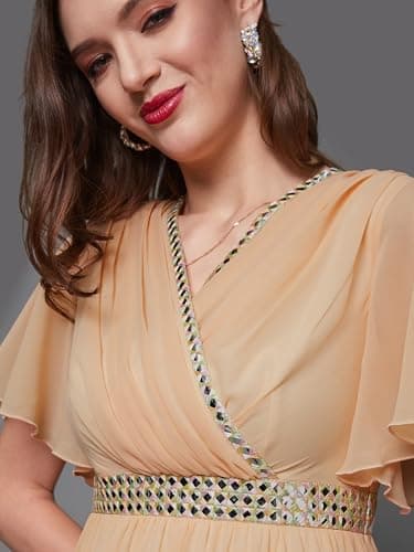 Miss Chase Women's V-Neck Flared/Bell Sleeves Fit & Flare Maxi Dress,(MCSS23D06-61-101-04, Peach, M) 5