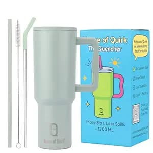 House of Quirk 1200ML Stainless Steel Tumbler with Handle & Lid, 2 Straws – Large Travel Mug Water Cup for Gym, Office & Outdoor Use (Lime Pistachio)