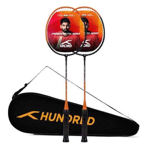 Hundred Aluminium Powertek 100 (Set of 2) Badminton Racket with Full Cover (115G, Black/Orange)