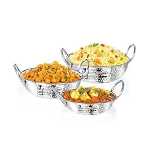 Sumeet ISI Certified Stainless Steel Mini Kadhai for Serving, Tadka - Hammered Kadai, Induction and Gas Stove Friendly, Small Size (Set of 3Pc, 350ml, 550ml, 750ml, Silver)