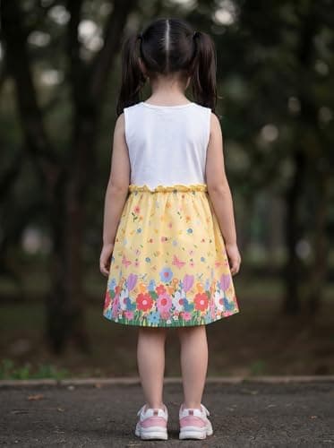 HELLCAT Girls Casual Sleeveless Round Neck Printed Dress, Fit & Flare Princess Style Cotton Frock, Outfit for Kids, Baby Girl Party Gown, Value Pack, Age 1-9 Years White 2
