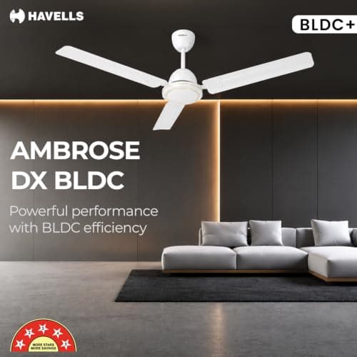 Havells 1200mm Ambrose DX BLDC Motor Ceiling Fan for Home | Remote Controlled, High Air Delivery Fan | 5 Star Rated, Upto 60% Energy Saving| Power: 380 RPM| 2 Year Warranty | (Pack of 1, White) 2