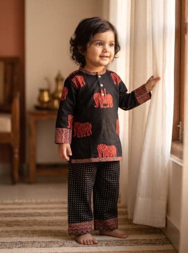 Koshberry Girls Black Elephant Print Co-Ord Set Kurta & Pants - 2-3 Years 3