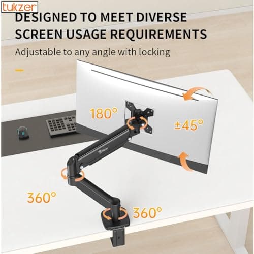 Tukzer Single Gas Spring Monitor Arm, Computer Screen Monitors Stand/Desk Mount (13"–32") with C-Clamp & Grommet Mounting Base,Full Motion Tilt/Swivel/Rotation/Aluminium Build,VESA 75x75 & 100x100 mm 6