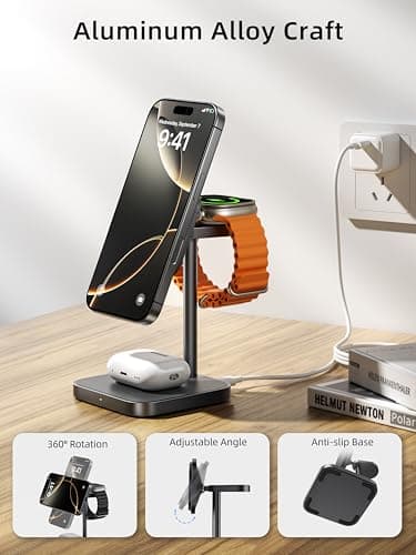 LULULOOK - 3 in 1 Wireless Charging Station for iPhone 16, Qi2 Certified Magnetic 15W Fast Charging iPhone Mount, Aluminum Alloy Safe Travel Charger Stand for 3