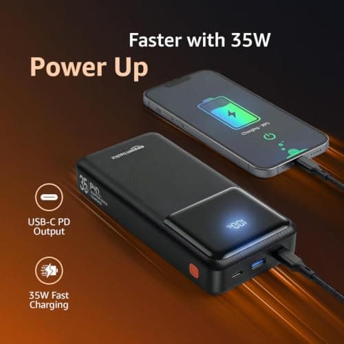 Amazon Basics 20000mAh 35W Fast Charging Power Bank | USB-C PD + USB-A QC Output | Digital Display | Portable Charger for Phones, Tablets & More | Black 3