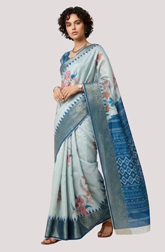 Janasya Women's Blue Silk Blend Ready To Wear Floral Printed Saree With Unstitched Blouse 3