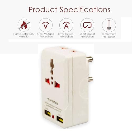 Spartan 3 Pin All Multiplug Charger/Travel Adapter, 10A Power Sockets / 2Pin & 3Pin Socket Adapter with Dual USB Charging Port (White, Pack of 1) 4