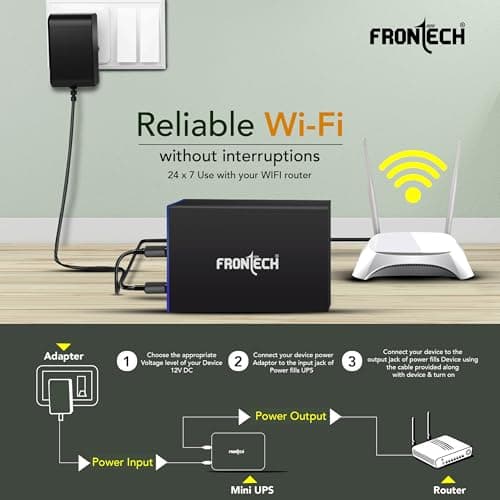 Frontech Mini UPS Battery Backup – 2×2200 mAh (4400 mAh), 12 V DC Voltage‑Regulated, Built‑in Surge Protection, Up to 3.5 H Backup for Routers, CCTV & Set‑Top Boxes (UPS-0022) 4