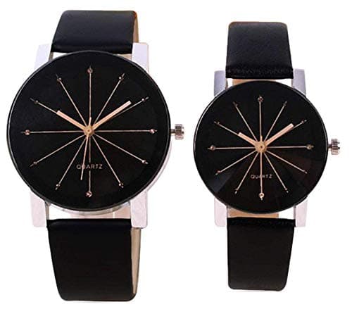 Acnos® Premium Black Dial Black Case Leather Analog Couple Watch Combo for Men and Women Pack of - 2