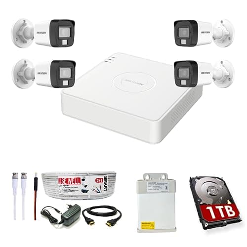 HIKVISION Full HD 4 Channel DVR with 2 MP 4 Outdoor Cameras [COLOR NIGHT VISION + BUILT-IN AUDIO MIC + SMART DUAL LIGHT + MOTION DETECTION] + 1 TB HDD + 4 Ch SMPS, USEWELL CCTV Cable+BNC/DC Set, WHITE