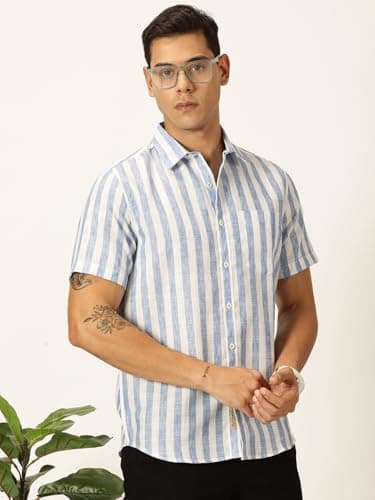 Thomas Scott Mens Half Sleeves Cotton Linen Striped Casual Shirt (TS1375_Blue, S) 3