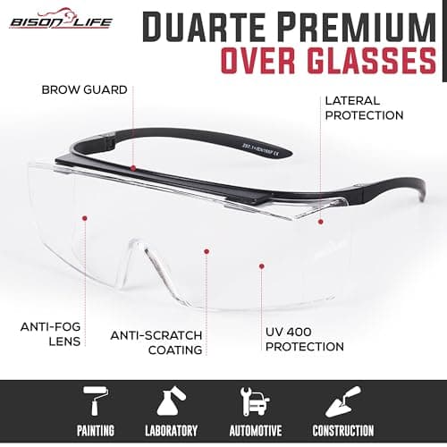 Bison Life VisonSafe Duarte Safety Goggles, Clear Anti-Scratch Anti-Fog Lens with Black Frame, UV400 Impact-Resistant Over-Glasses for Industrial & Laboratory Use – Pack of 1 5