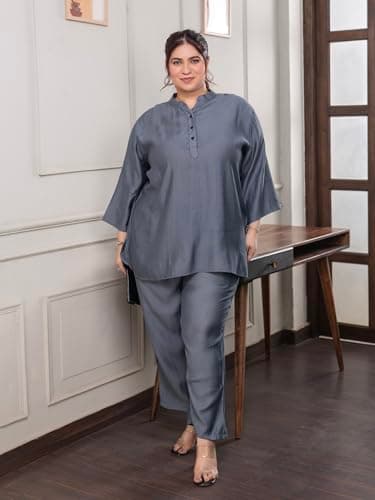 TITTLI Dark Grey Rayon Co-Ord Set | Plus Size Mandarin Collar Tunic with Three-Quarter Sleeves & Elastic Waist Trousers for Women | Casual Outfit (Dark Grey, 5XL) 5