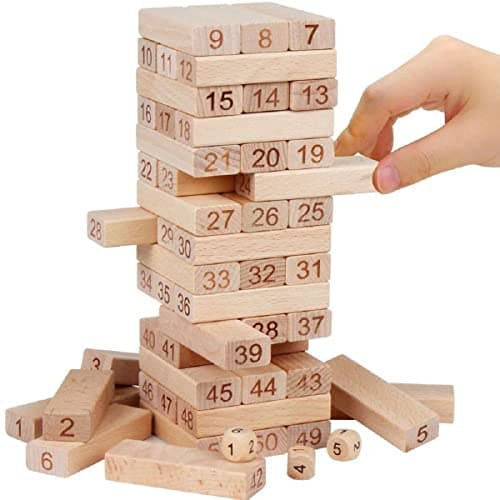 PRIME DEALS Wooden Blocks 51 Pcs 4 Dice Building Blocks Game Challenging Tumbling Tower, Wooden Stacking Toys with Dices Board Educational Puzzle Game for Adults and Kids (Wooden) 4