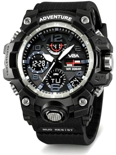 V2A Military Chronograph Analogue and Digital Sports Watch for Men and Boys, Black, Black Strap