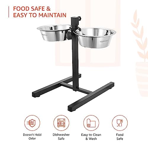 Amazon Basics Adjustable Double Diner for Food and Water for Dog & Cat | 1500 Ml x 2| with H-Base and Two Removable Stainless Steel Bowls | LxWxH - 44.9 Cm X 26.5 Cm X 42.5 Cm, Medium, Small 4
