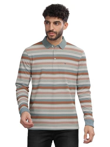 BULLMER Striped Textured Printed Polo Neck Fullsleeve T-Shirt with Rib for Men_Brown_Medium