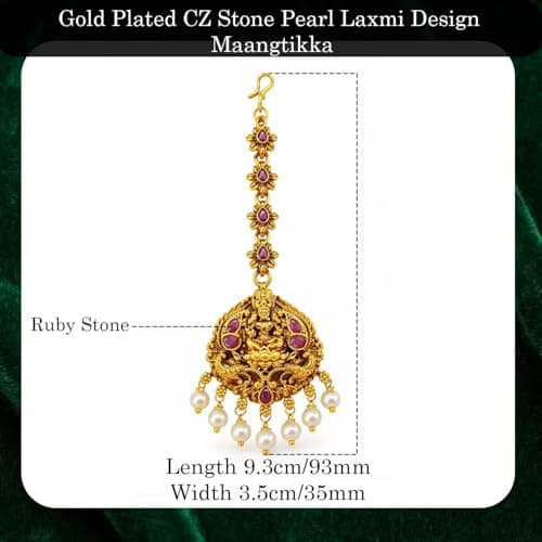VAMA FASHIONS Traditional Matt Gold Plated Ruby CZ Stone Pearl Maangtikka Papdibilla Temple Maang Tikka Wedding Jewlery For Women & Girls (Laxmi maang tikka) 3