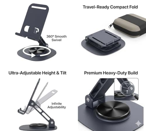 Universal Smartphone Desktop Phone Stand, 360 Degree Rotation, Adjustable and Foldable, Black, Freestanding Metal Mobile Holder 3
