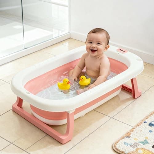 Baybee Jolly Kids Bath Tub for Baby 0 to 5 Years Foldable Baby Bathtub for Kids with Anti Skid Base & Drainer, Mini Swimming Pool for Kids, Newborn Baby Folding Bathing Tub for Girls & Boys (Pink)