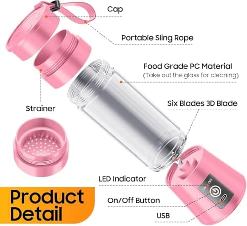 Portable Blender Juicer with USB Rechargeable Battery - 10 Blade Mini Personal Smoothie Mixer with 3 Speed Modes, Leakproof Travel Bottle with Handle for Juices, Shakes and Fruit Blends (Juicer_01) 4