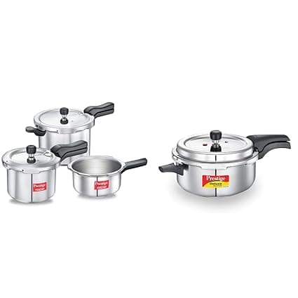 Prestige Pressure Cooker Combo 2L+3L+5L Aluminium Svachh Outer Lid, Gas & Induction Base & 5L Deluxe Alpha Stainless Steel, Deep Lid, Spillage Control