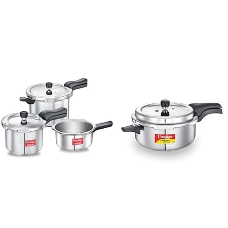 Prestige Pressure Cooker Combo 2L+3L+5L Aluminium Svachh Outer Lid, Gas & Induction Base & 5L Deluxe Alpha Stainless Steel, Deep Lid, Spillage Control