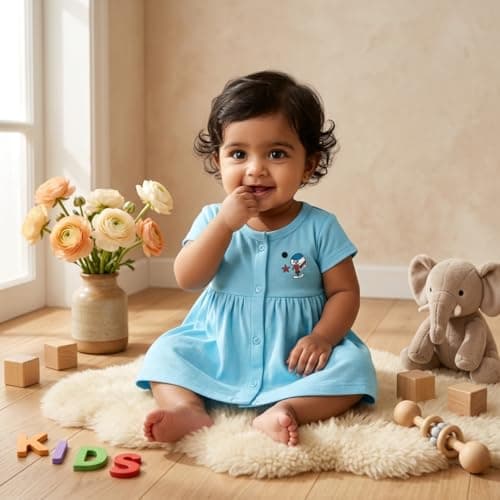 KIDEEZGUILD... 100% Pure Cotton Baby Girls Frock Dress Front Open Soft Breathable Half Sleeve Knee Length Daily Casual Wear Solid Color Summer Girl's Dress (in, Age, 3 Months, 6 Months, Set of 6 A) 2