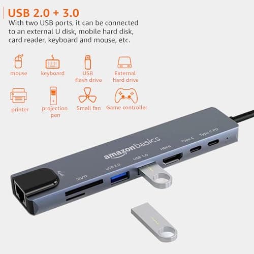 Amazon Basics USB hub 3.0 for Type-c Port,8 in 1 Adapter for pc Accessories with USB-C 4K HDMI SD/TF Ethernet Adaptor HUB for Tablet PC Phone,Compatible with Laptop iPad iPhone MacBook Pro M1 M2 4