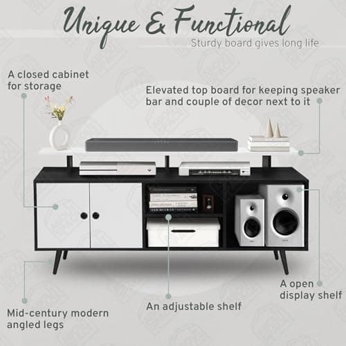 ABOUT SPACE TV Unit for Living Room - Engineered Wood DIY TV Stand with Cable Hole Cabinet with Door, Adjustable Shelf, Open Display Shelves for WiFi Router Stand (Black & White- L140 x B40 x H64 cm) 5
