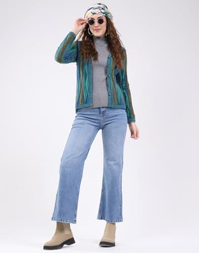 Monte Carlo Women's Regular Fit Cardigan | Printed Pattern | Button Closure with Full Sleeve V Neck | Printed Winterwear Cardigan for Women Green M (Pack of 1) 5