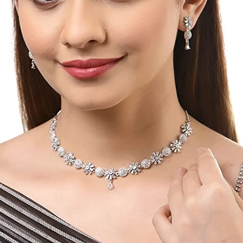 ZENEME Rhodium Plated Silver Toned White American Diamond Studded Necklace With Earring Jewellery Set For Women and Girl (White) 3