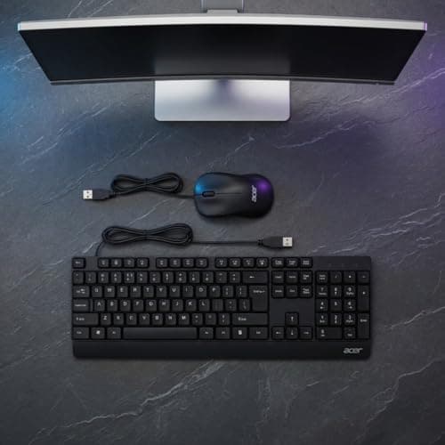 Acer OfficeLite KM200 Wired Keyboard and Mouse Combo | Full-Size 104-Key Layout with Rupee Symbol (₹) | 1000 DPI High-Precision Optical Mouse | 1.25m Cable | Durable Matte Black | 1 Year Warranty 4