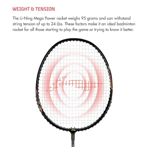 Li-Ning Mega Power 5 Aluminium Strung Badminton Racket with Full Racket Cover (Black/Green) | For Beginners | 95 grams | Maximum String Tension - 25lbs 4