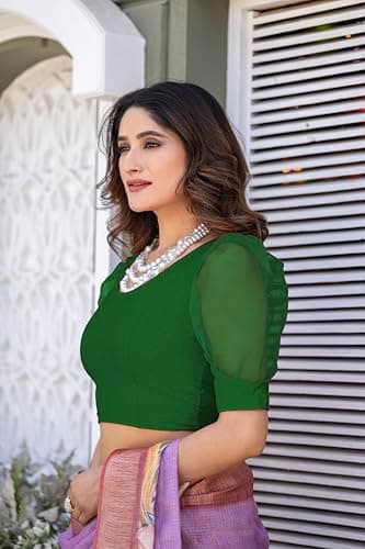 Amazon Brand - Anarva Round Neck Lycra Stretchable Puffed Elbow Sleeve Readymade Saree Blouse for Women Stylish(formi-bottle-green-blouse-2xl) 3