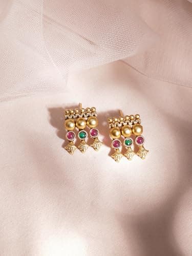 Rubans Women's 22Kt Gold Plated Brass Red And Green Stone Studded Necklace Set 5