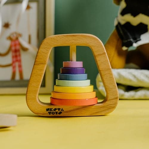 Nesta Toys Wooden Rainbow Rattle | Baby Rattle & Teether | Vibrant Rainbow Shape | Beechwood Non-Toxic BPA-Free | Sensory & Motor Skills | Newborn Gift Age 0+