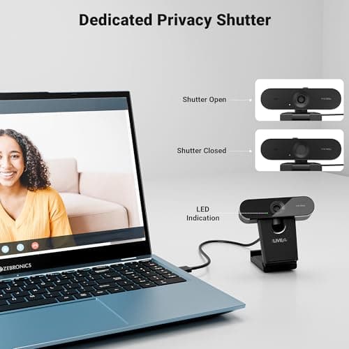 Zebronics FHD USB Webcam, 30FPS, 2P2G Lens, 2.0MP CMOS Sensor, Auto-White Balance, Auto-Exposure, Privacy Shutter, Built-in Mic, for Teams, FaceTime, PC/Laptop (Live Pro) 6